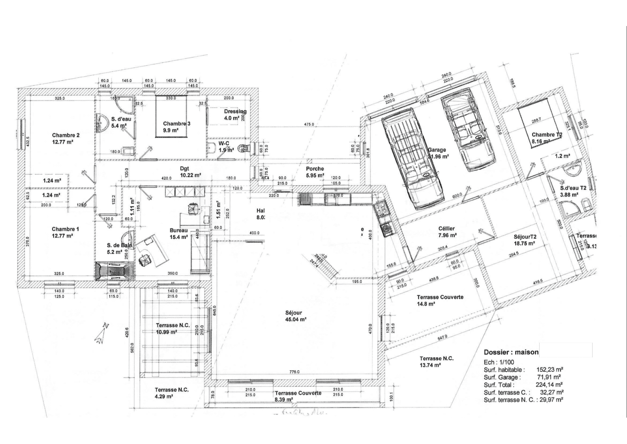 Plan de départ de la maison de Caux : séjour, cuisine, chambres et dépendance