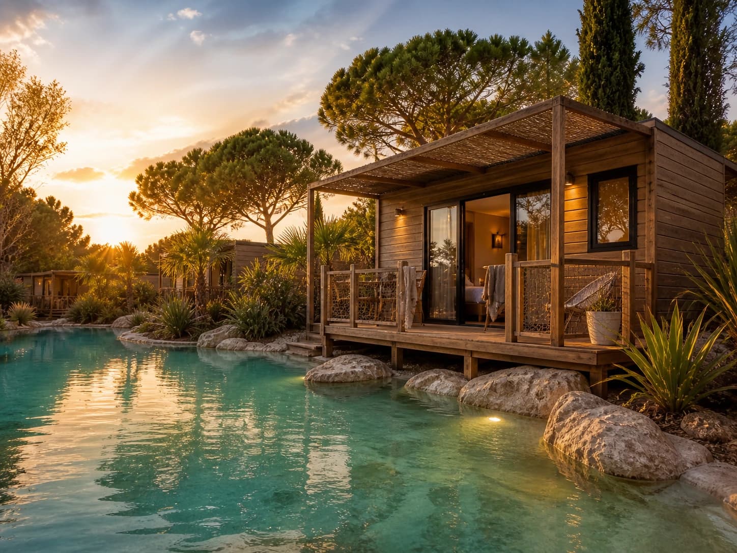 Cabane premium au bord d’un lagon paysager au coucher du soleil