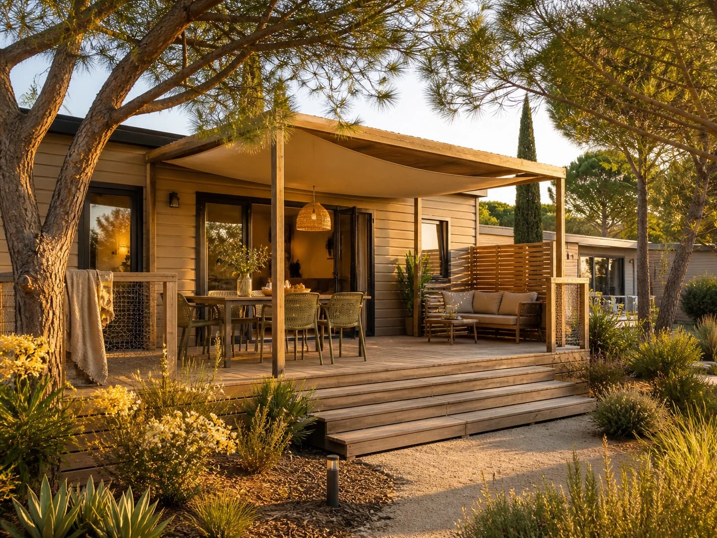 Cottage premium avec terrasse bois au soleil couchant dans un camping méditerranéen