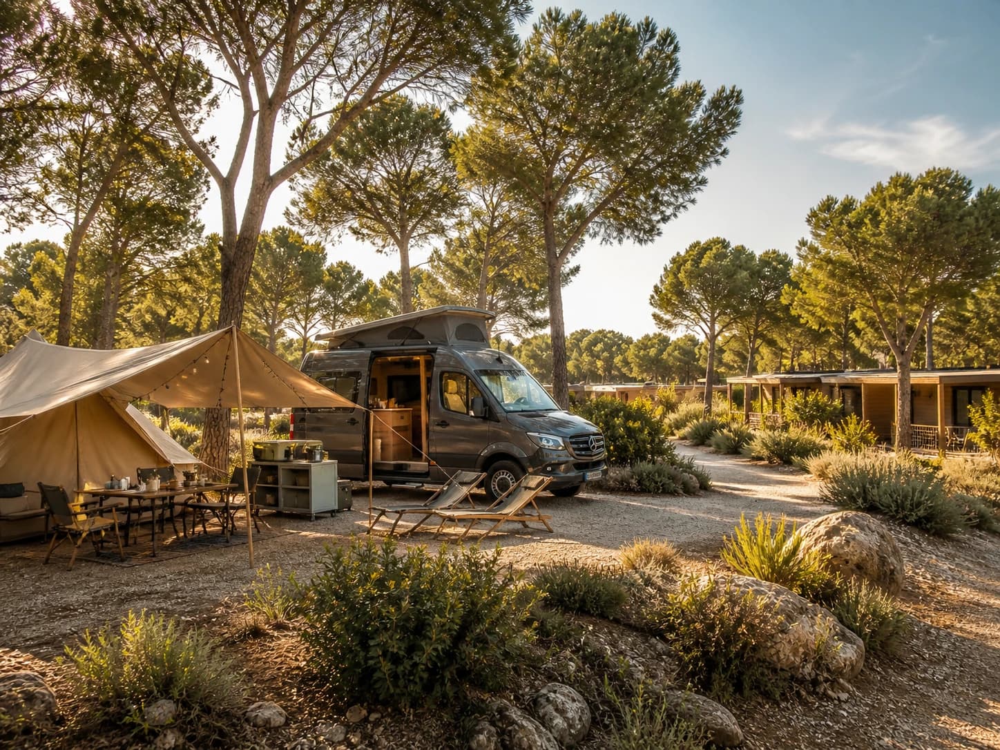 Emplacement van et tente dans la garrigue méditerranéenne