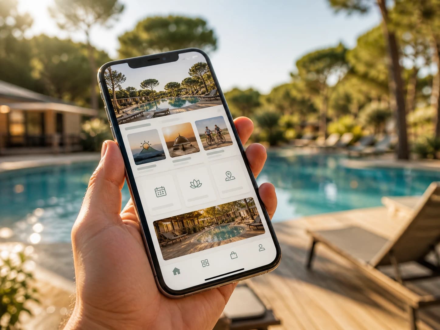 Chatbot de séjour camping ouvert devant une piscine