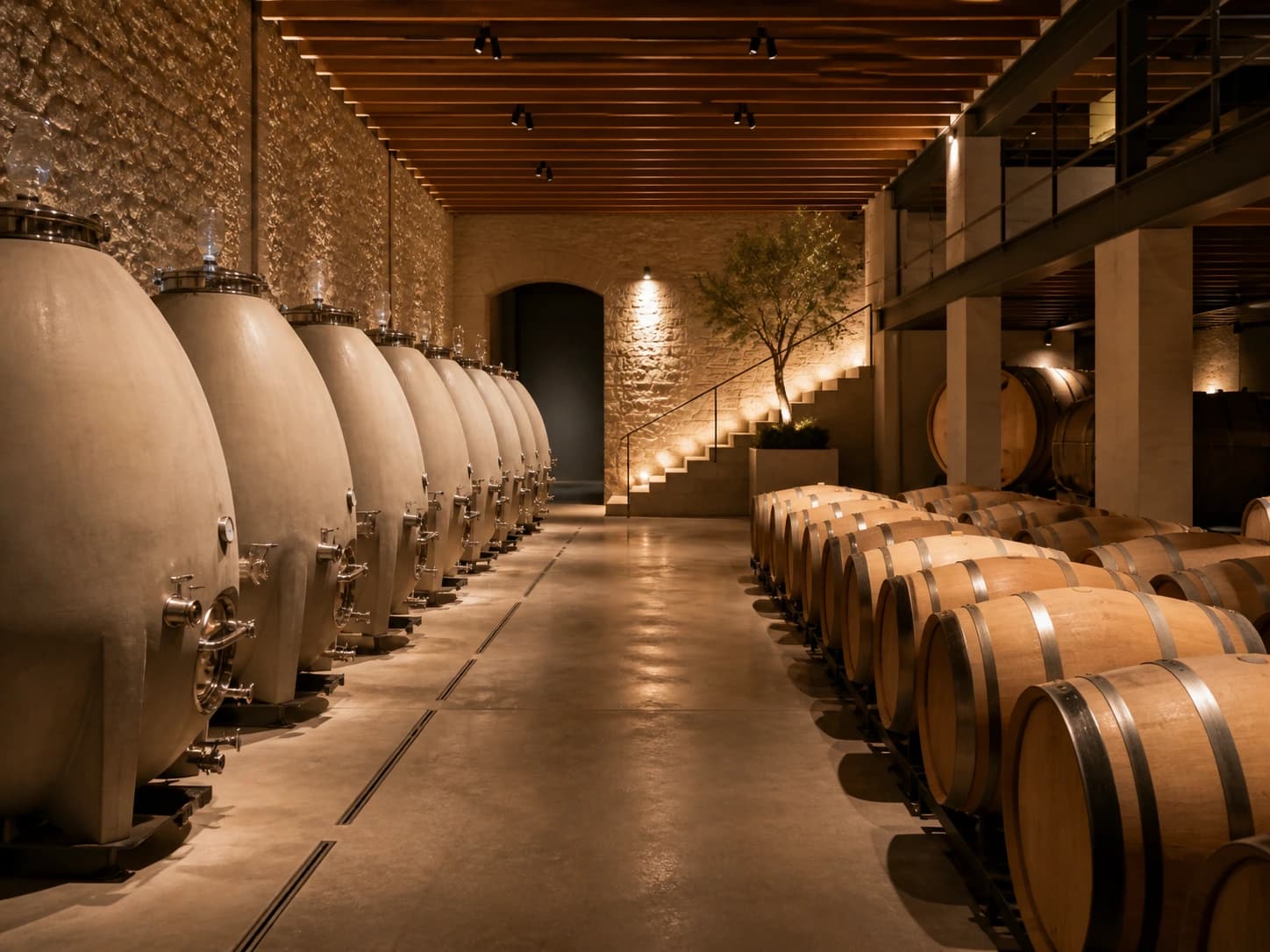 Cave de vinification premium avec cuves et barriques