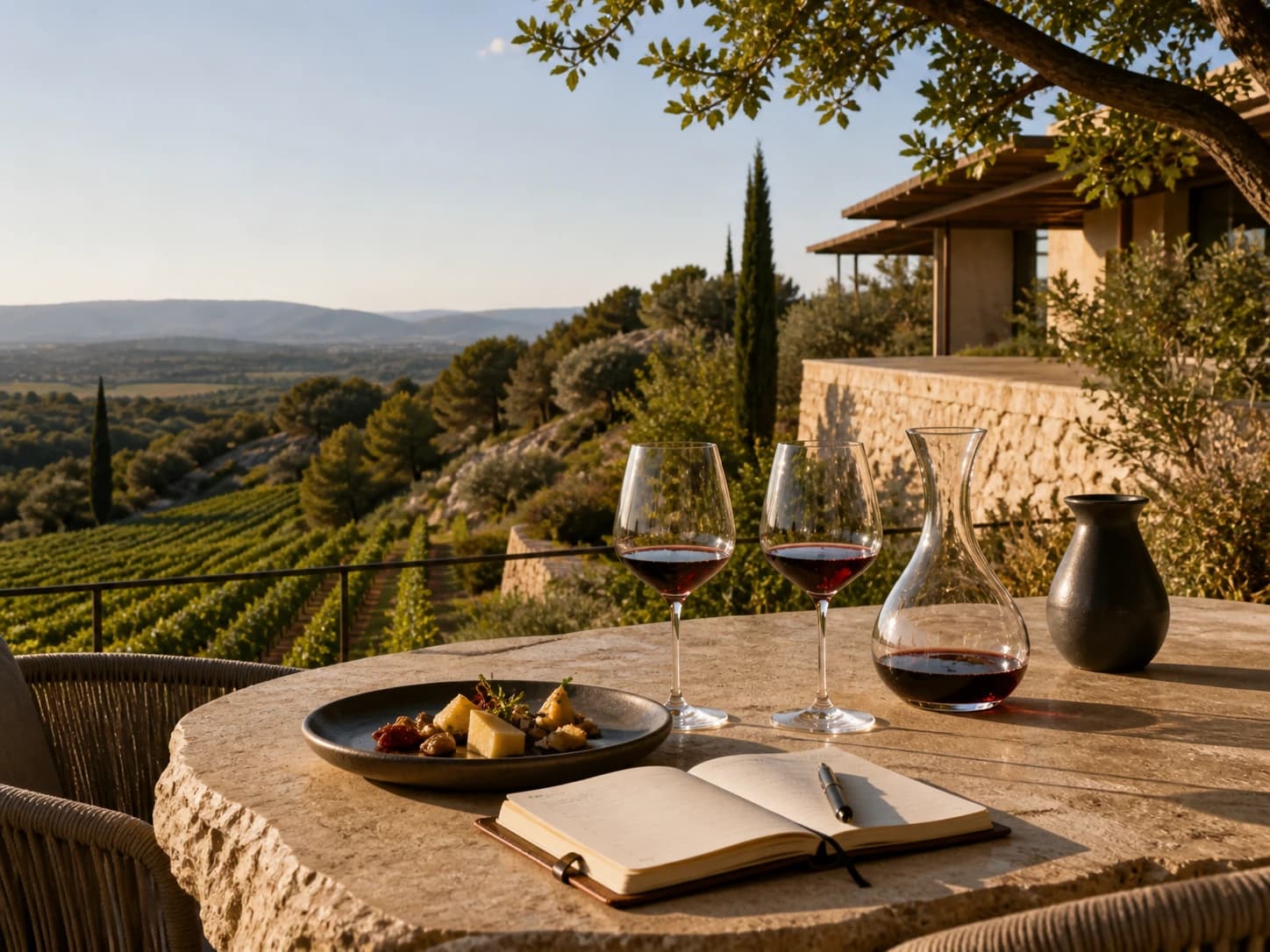 Terrasse de dégustation privée avec verres de vin et accords gastronomiques
