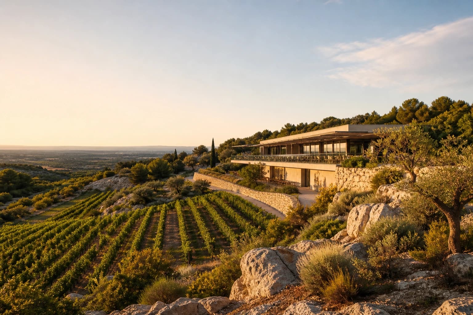 Domaine viticole premium dans l’Hérault avec vignes, garrigue et cave contemporaine